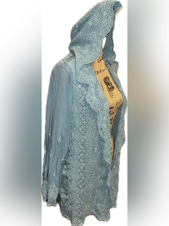 Johnny Was Sweaters - Johnny Was Light Teal Blue Lace-Embroidered Shawl Hood Scalloped Open Cardigan S